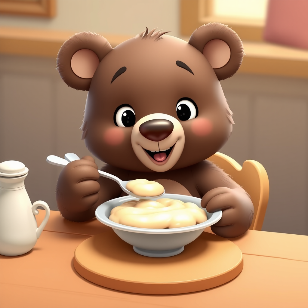 Cute cartoon bear sitting at a table and eating porridge from a plate, holding a spoon in his paw. 3D cartoon style. - Image