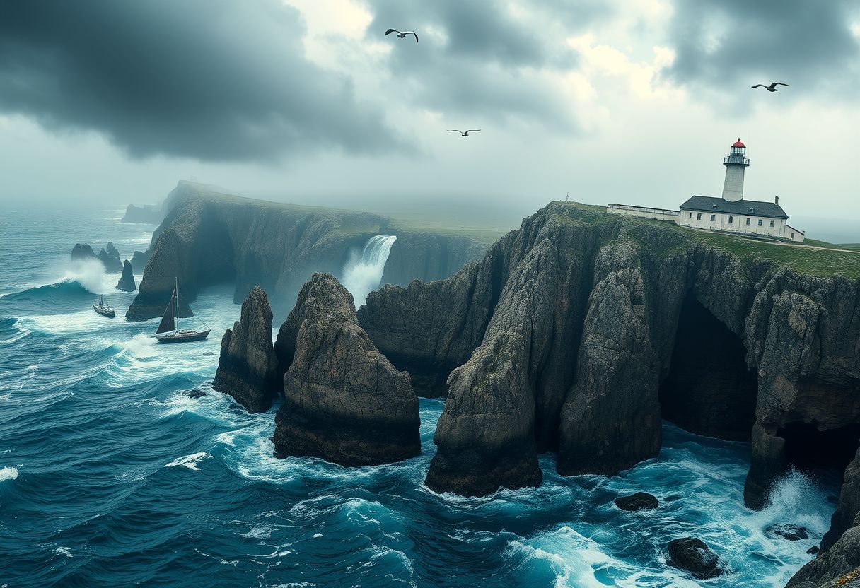 Dramatic, rocky cliffs, crashing waves, rugged, coastal, high quality, seagulls, lighthouse, stormy, wild, panoramic, breathtaking, photorealistic::1.5 sailboats, dramatic skies, mist, fog, coastal caves, hidden coves, tidal pools, mysterious