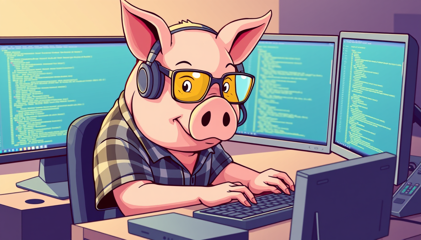 A tech-savvy pig coder, wearing yellow-tinted glasses and sleek noise-cancelling headphones, hunches over a cutting-edge multi-monitor setup. The anthropomorphic pig exudes focus, typing furiously, dressed in a plaid t-shirt.