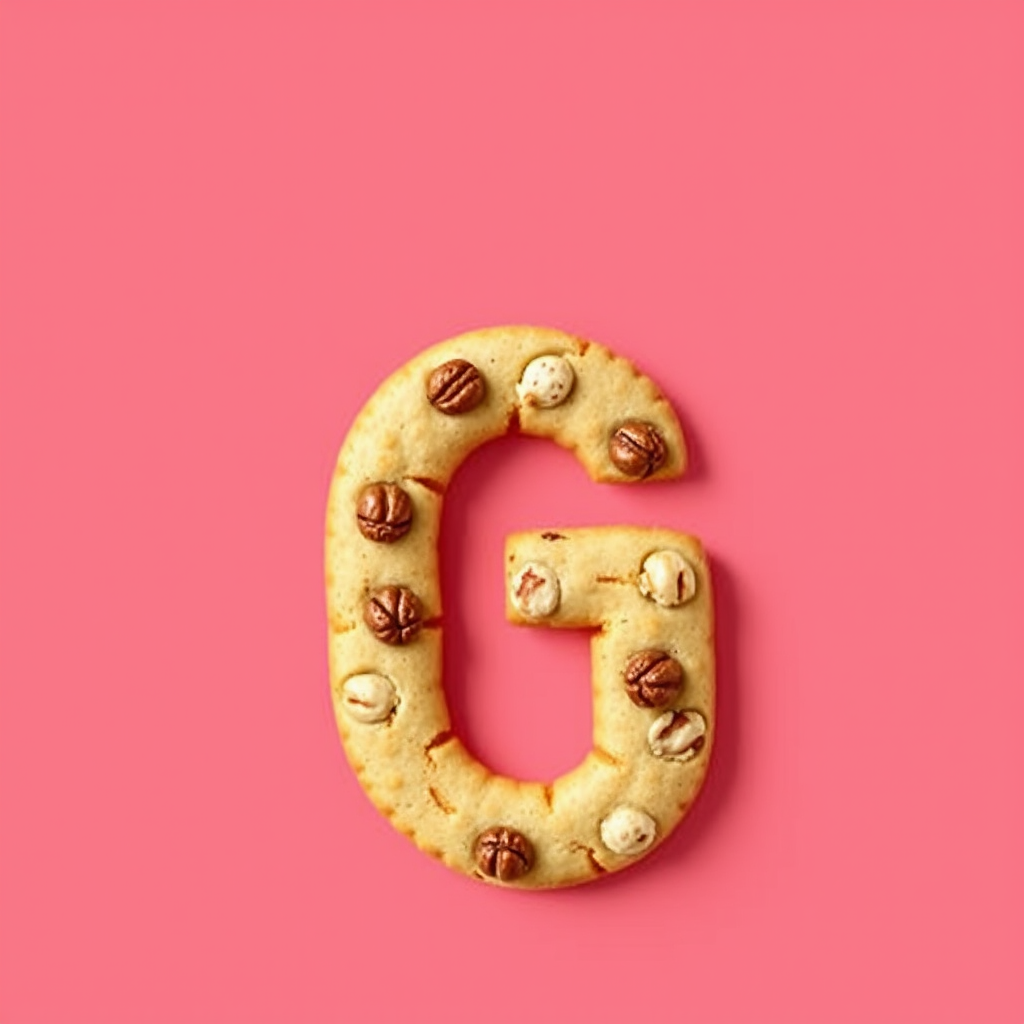 A letter "G" made of nut cookies, light red background, realistic photograph. - Image