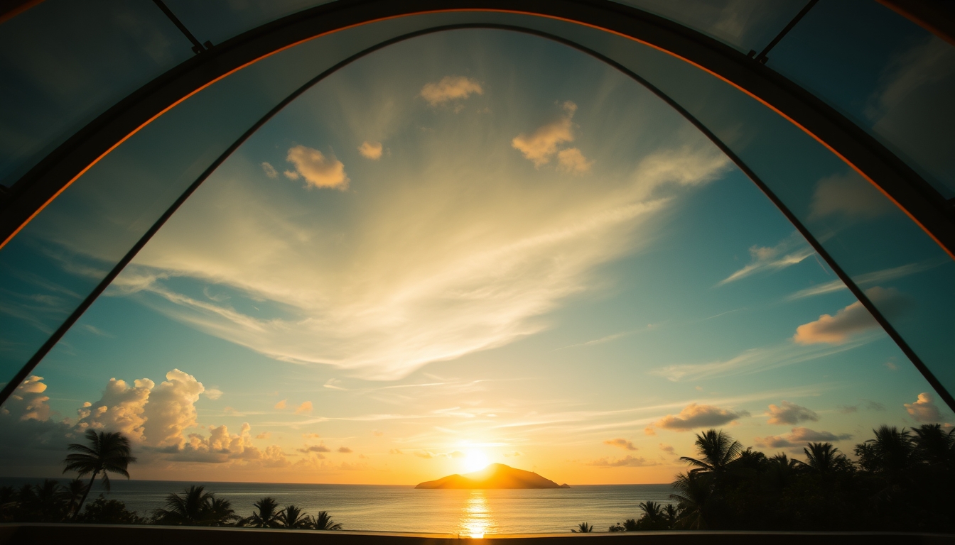 A breathtaking sunset viewed through a giant glass dome on a tropical island.