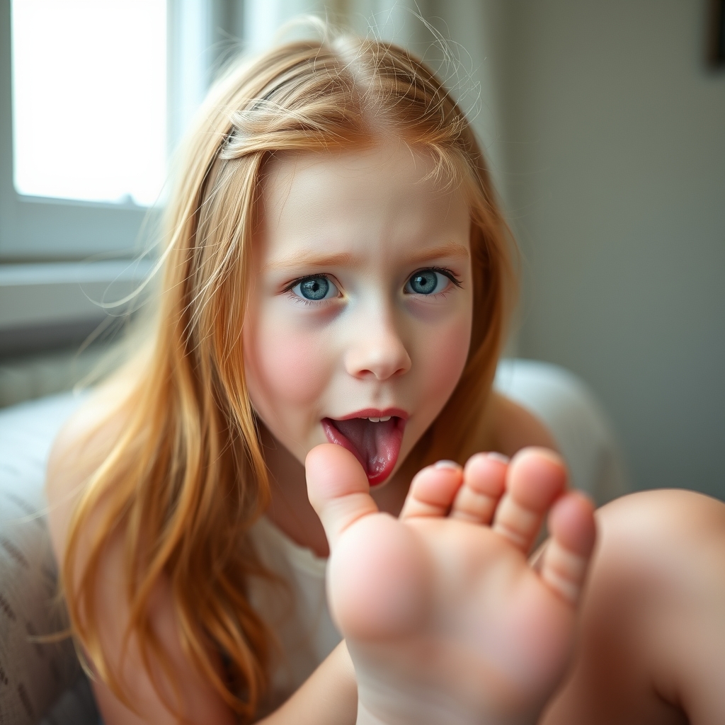 a white girl with ginger hair and cute green eyes licking her own foot - Image