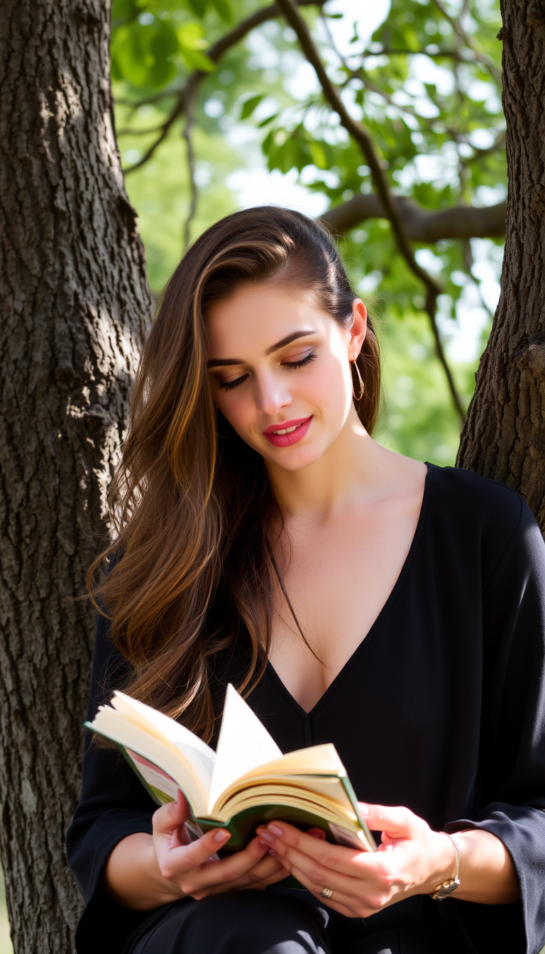 A beautiful woman is reading a book under a tree.