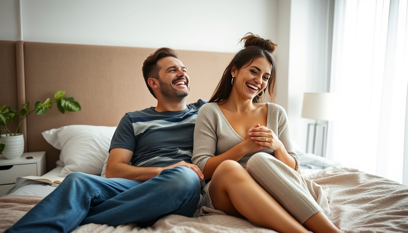 Laughing, a man and a woman on the bed in the morning for love, support, and relaxation in the apartment. Happiness, a couple together at home for a date, caring for each other and enjoying comedy or jokes with respect and care for the weekend. - Image