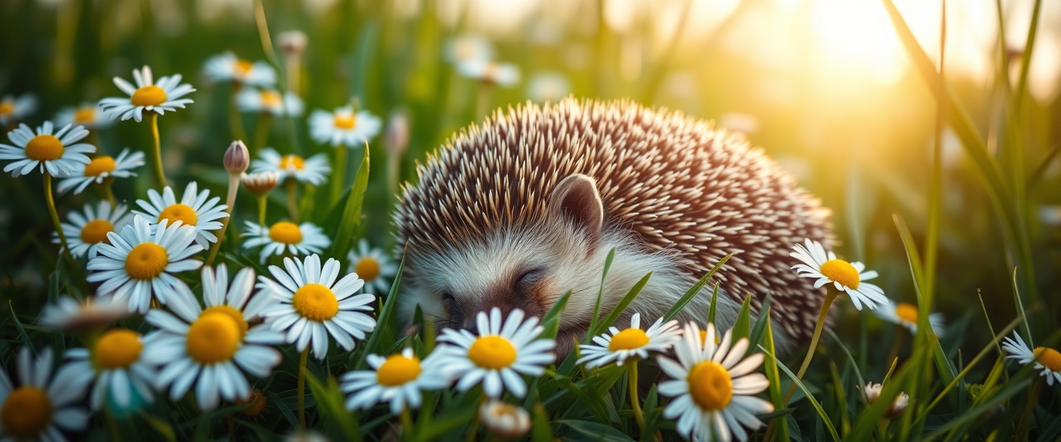 A cute hedgehog sleeping in a field of daisies with the sun shining through the grass.