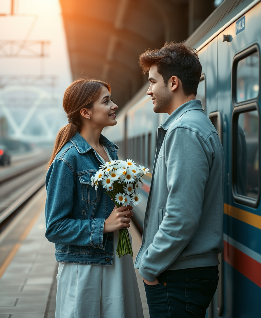 A romantic scene on the platform near the train, a young man and a girl in love look at each other tenderly, holding a bouquet of daisies, masterpiece, cinematic, sharp focus.