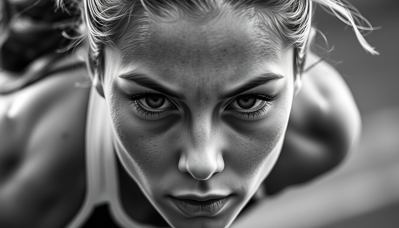 a black and white super closeup photo of a focused female athlete before she sprints, especially her eyes.