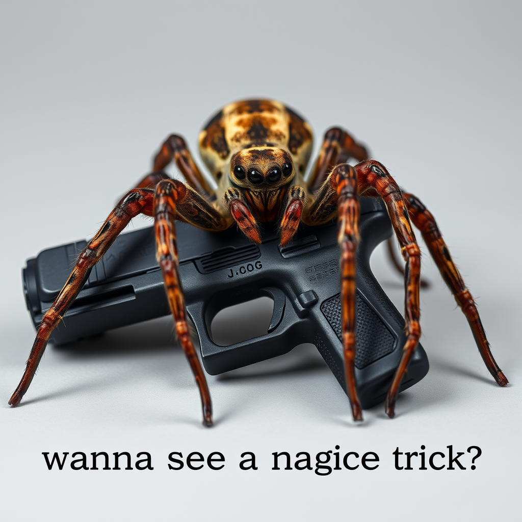 a creepy spider photograph with long legs wrapped around a glock with text saying "wanna see a magic trick?" below it. professional photograph. - Image