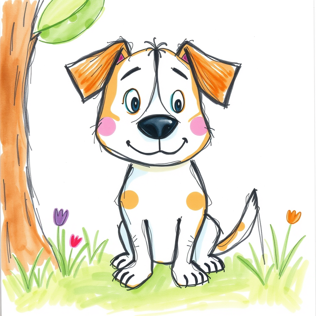 In watercolor and pencil crayons, roughly drawn children's book illustrations in a cartoon style, featuring a curious dog.