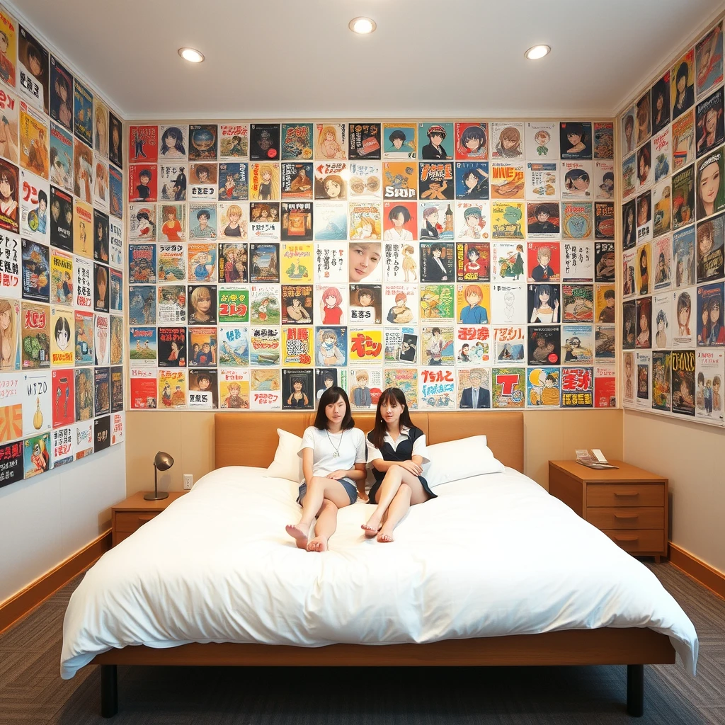 In a very large room, there is a big bed, and one wall of the room is covered with many posters of Japanese manga. There are two Japanese female students on the bed.