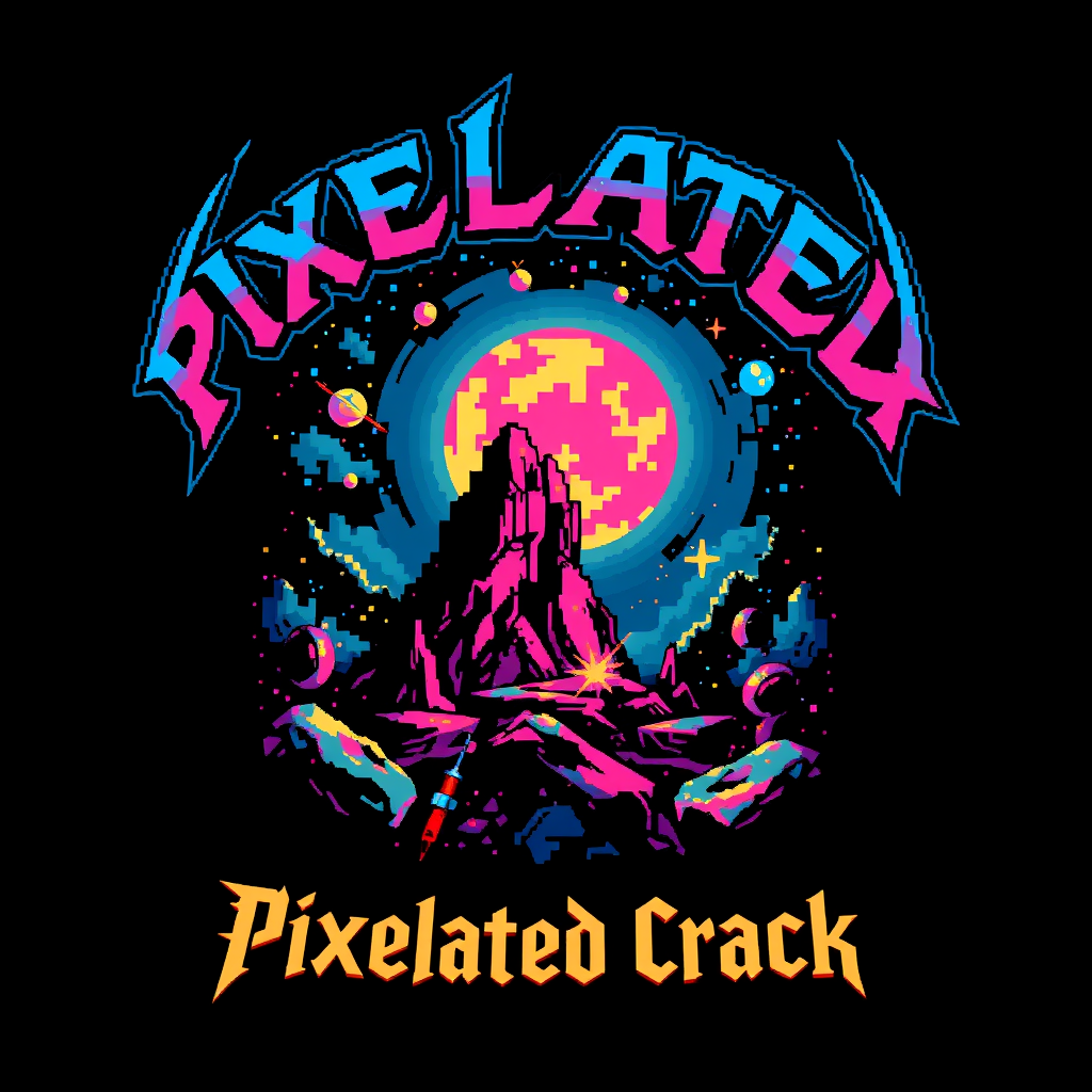 T-shirt design featuring a blocky, colorful 8-bit style of death metal blended with chiptune. The visual should be unique and striking, yet macabre fused with beauty, and the band name is "Pixelated Crack" with a scene inspired by space.