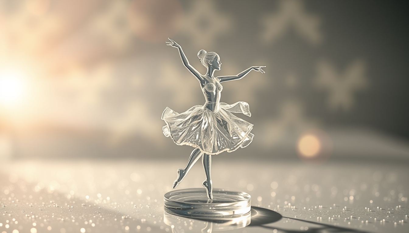 A delicate glass sculpture of a dancing ballerina, surrounded by shimmering light. - Image