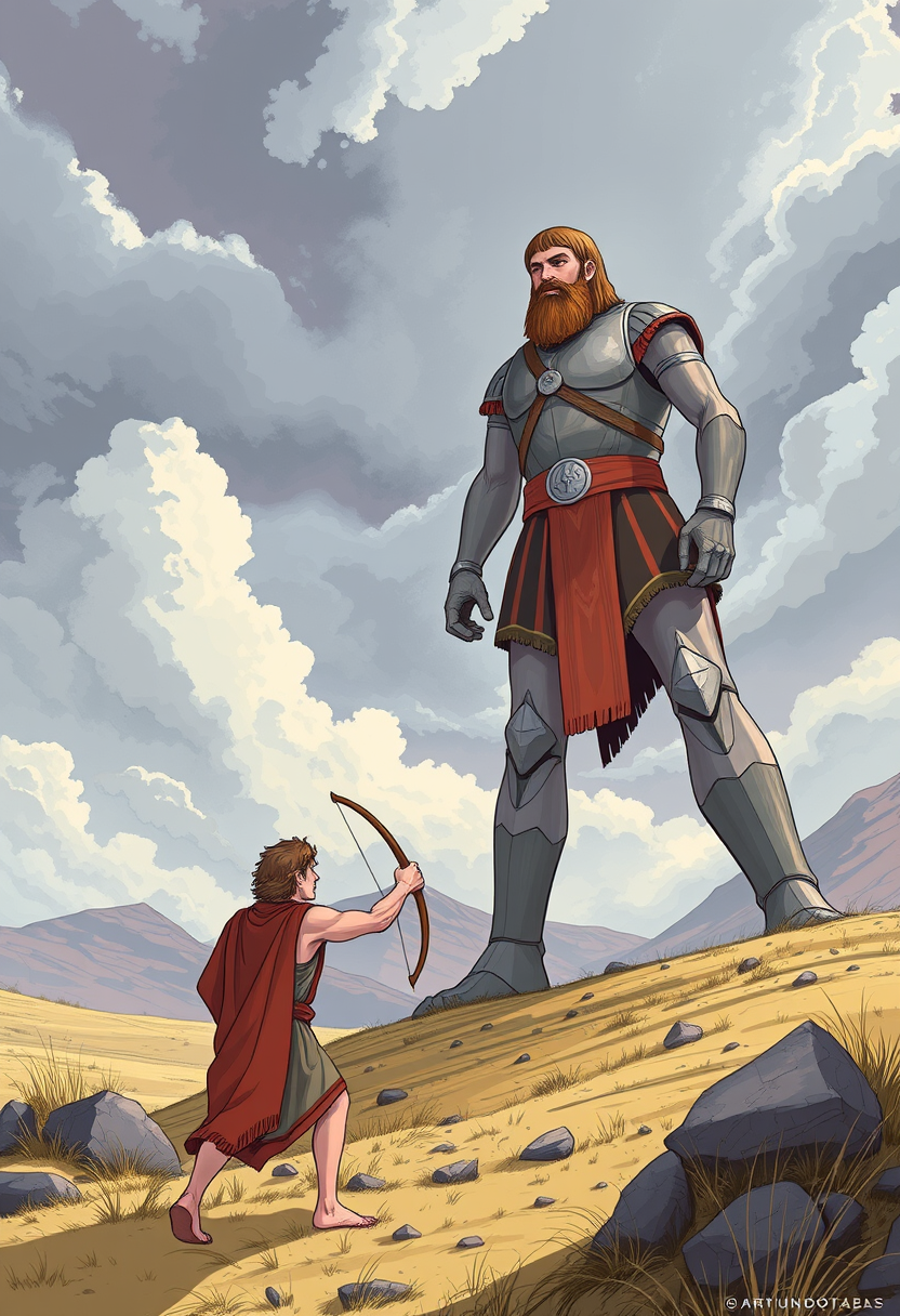 Illustrate the moment David faces Goliath, with David holding a slingshot and Goliath towering over him, set in a dramatic landscape. - Image