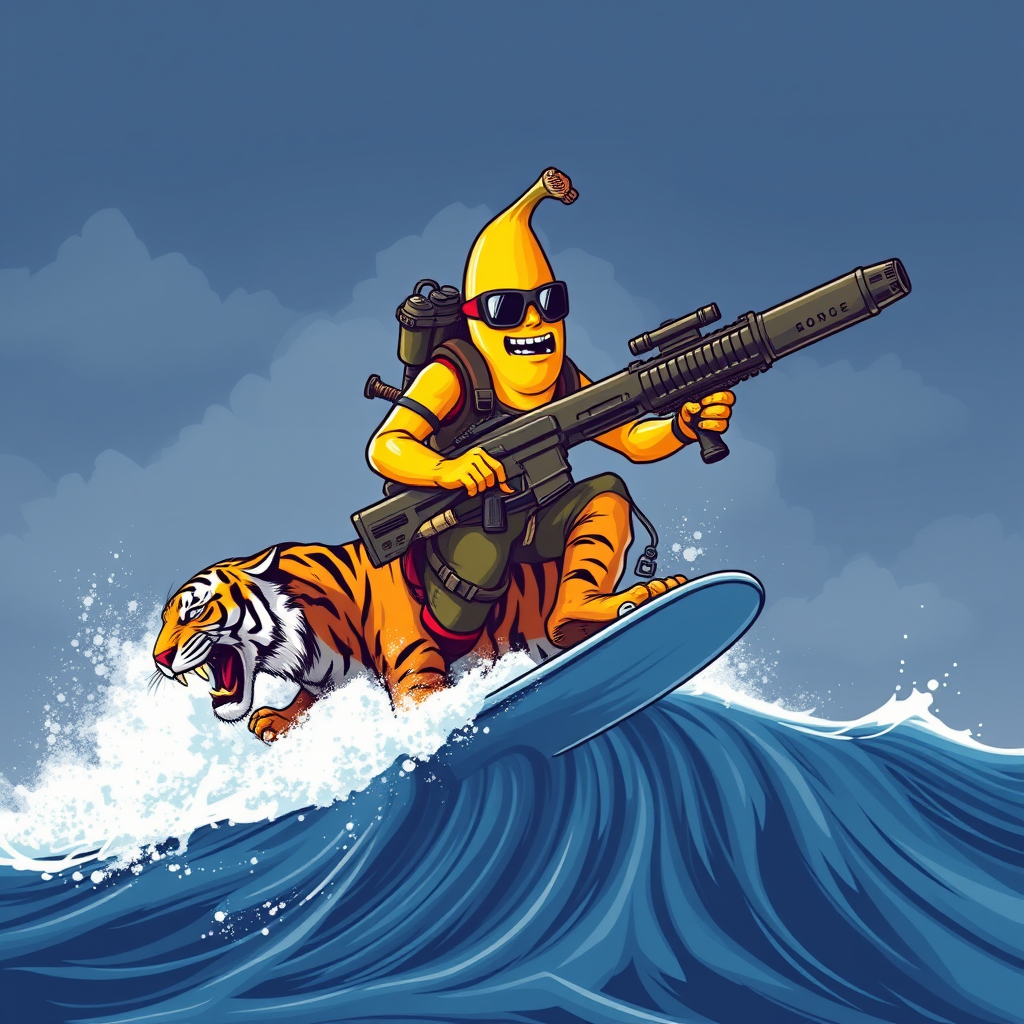 A tee shirt design of a sentient anthropomorphic determined banana man dressed in Rambo gear, carrying a huge rocket launcher with one hand, a huge chain gun in the other hand, while surfing on a Bengal tiger on a huge ocean wave. - Image