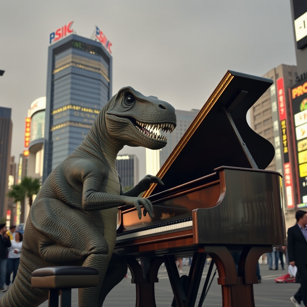 Dinosaur playing giant piano, Tokyo city. - Image