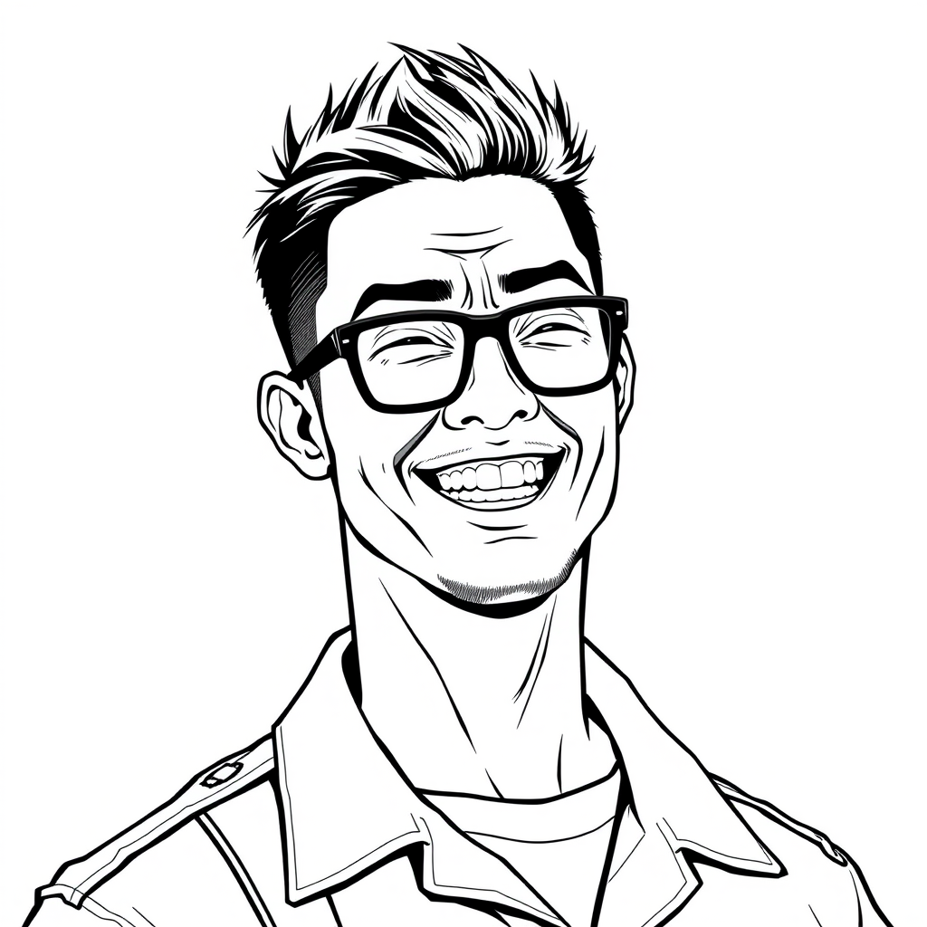 A cool black-and-white line drawing of a 35-year-old man, with short hair, Asian descent, wearing black-framed glasses for nearsightedness, a bit of facial hair, a tough-guy appearance, dressed in military uniform, with a full, well-defined face, a strong physique, clean and fresh skin, laughing heartily after winning a victory. - Image