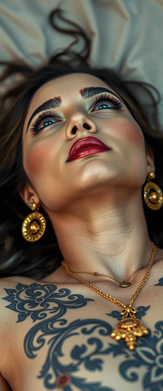 Random shot of a tattooed body of a white-skinned Indian Korean woman with beautiful facial features, a strong jawline, and blue eyes, wearing gold ornaments, looking upwards while lying down sideways.