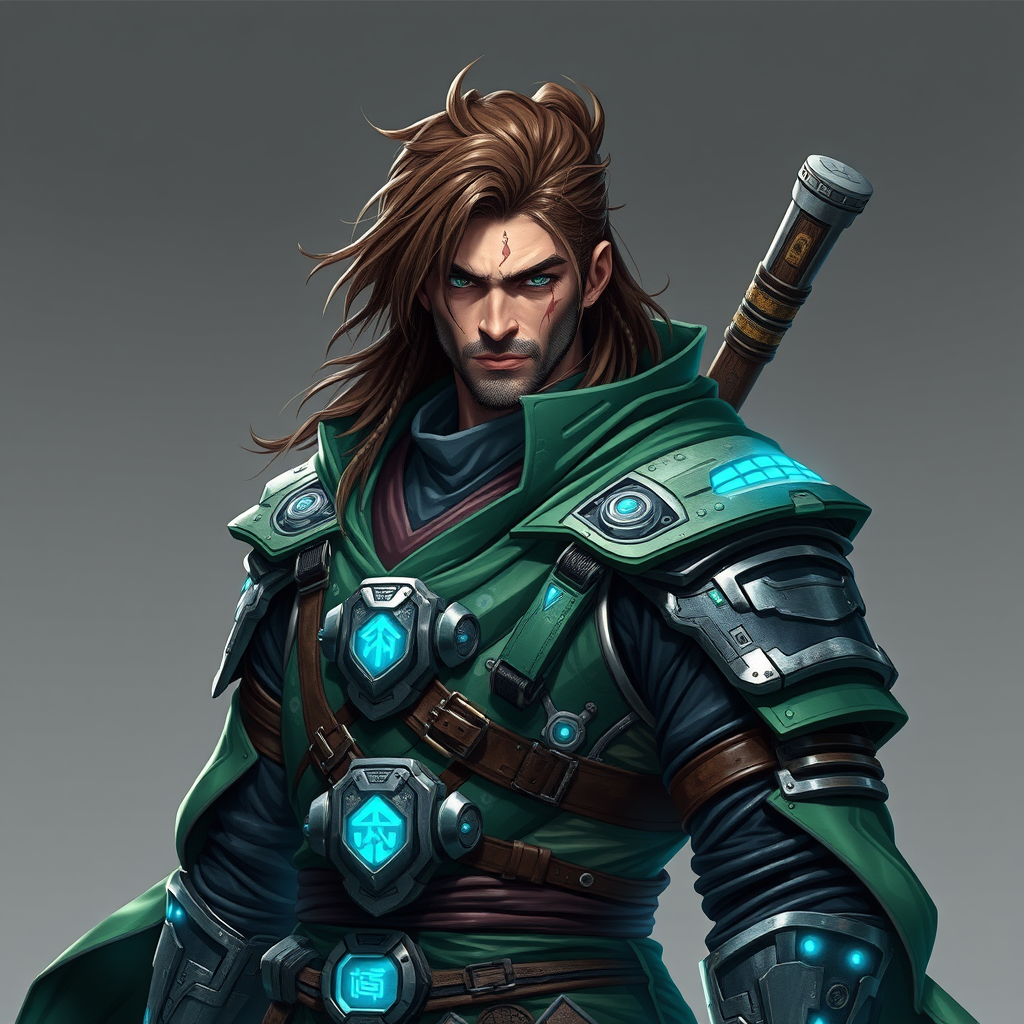 Cyber Samurai style of male warrior with rugged brown hair and cybernetic implants | merging armor/clothes with futuristic cyberpunk elements | flowing robes and high-tech armor plating | in green and blue. - Image