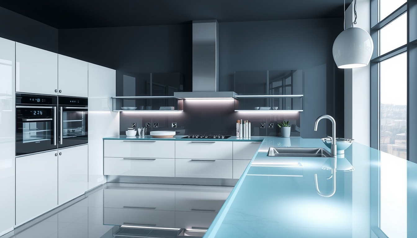 A sleek, modern kitchen with glass countertops and futuristic appliances.