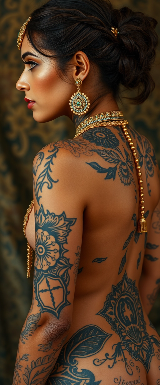 Close-up view of the side and back of a fair-skinned, beautiful Indian Persian woman with stunning facial features, realistic skin, and a perfect body, heavily tattooed all over, wearing heavy gold ornaments throughout her body. - Image