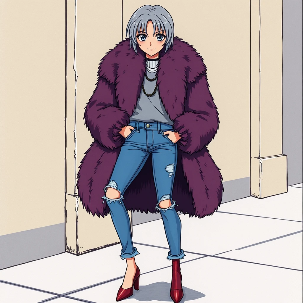 A teenage woman in an expensive fluffy fur coat, torn jeans, and high heels. Appearance: cool gray hair and large blue eyes, arrogant look. 1980s anime DVD.