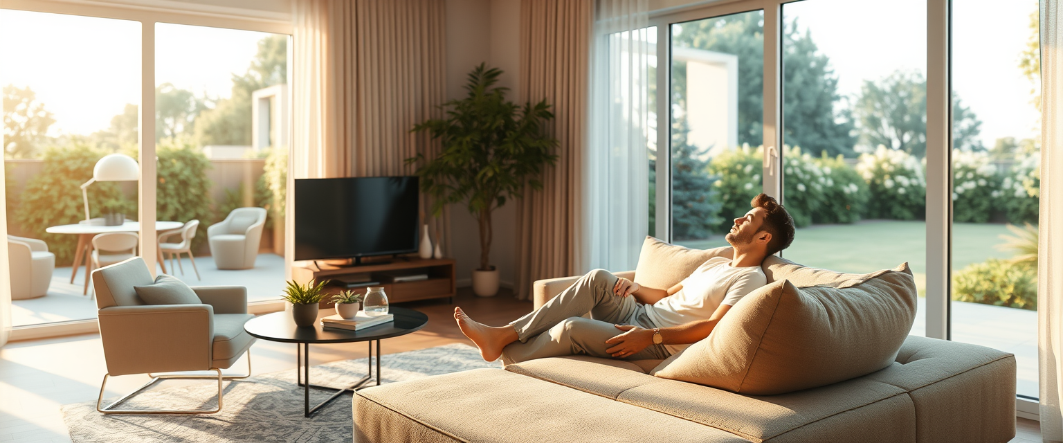 A peaceful living room with elegant, modern furniture, a person lounging on a comfortable sofa with a relaxed expression, soft natural light streaming through large windows, a view of a serene garden outside. Created Using: high-definition realism, soft lighting, warm tones, cozy atmosphere. - Image