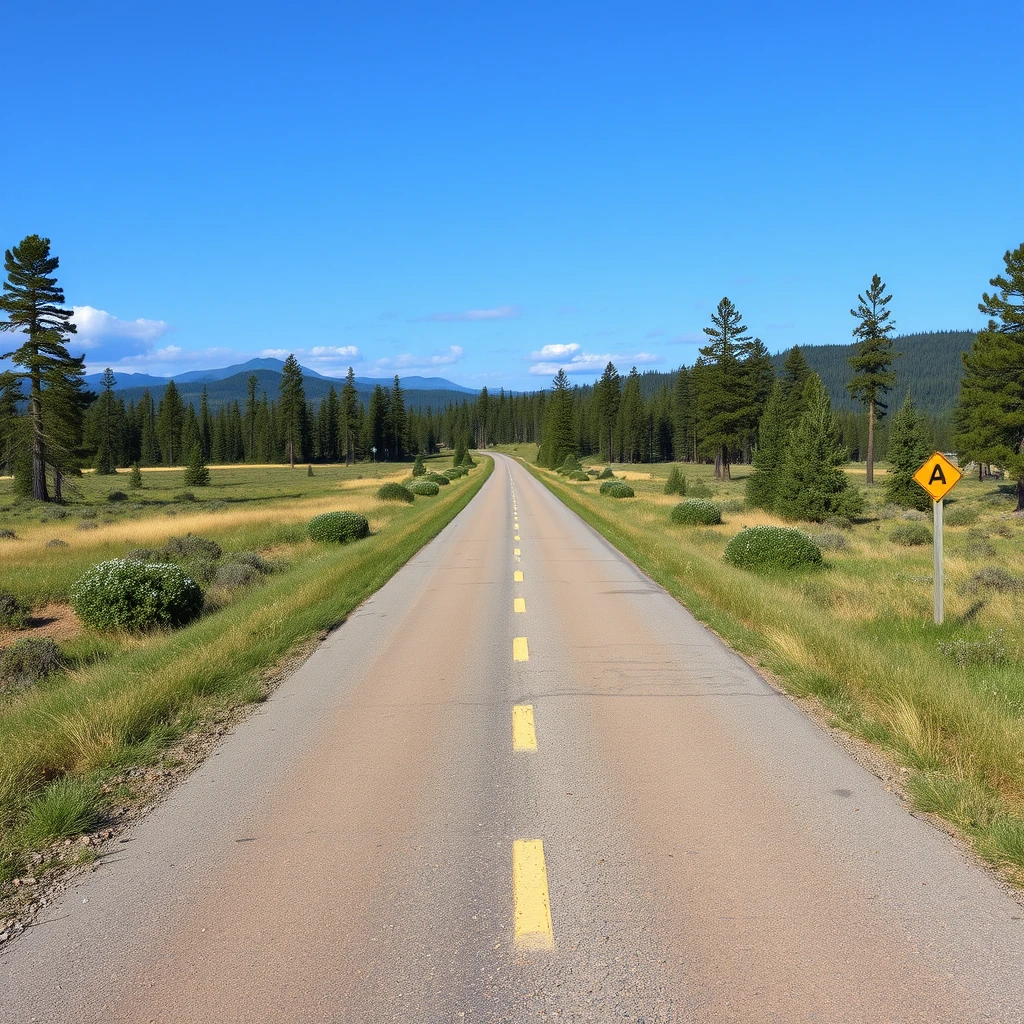 A road in the wilderness, a road that starts at the bottom of the screen and splits into two paths (crossroad) in the middle, and each path extends left and right. At the crossroad, there is a milestone. - Image