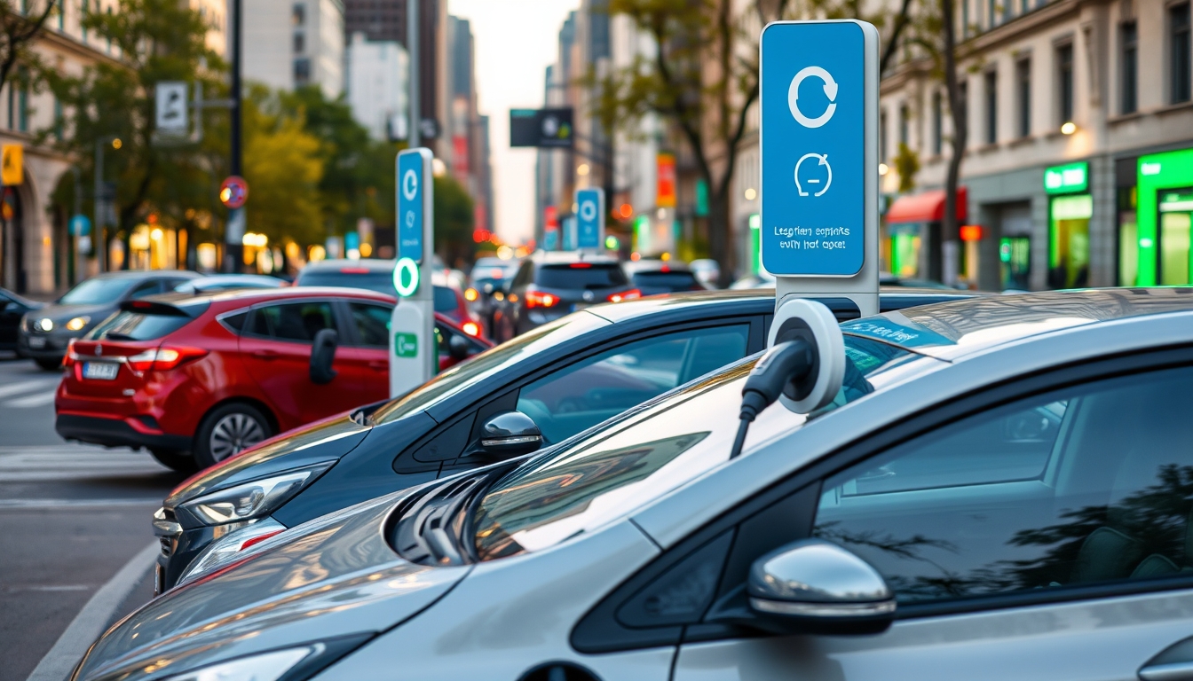 Electric car charging stations in a busy city, representing clean transportation.