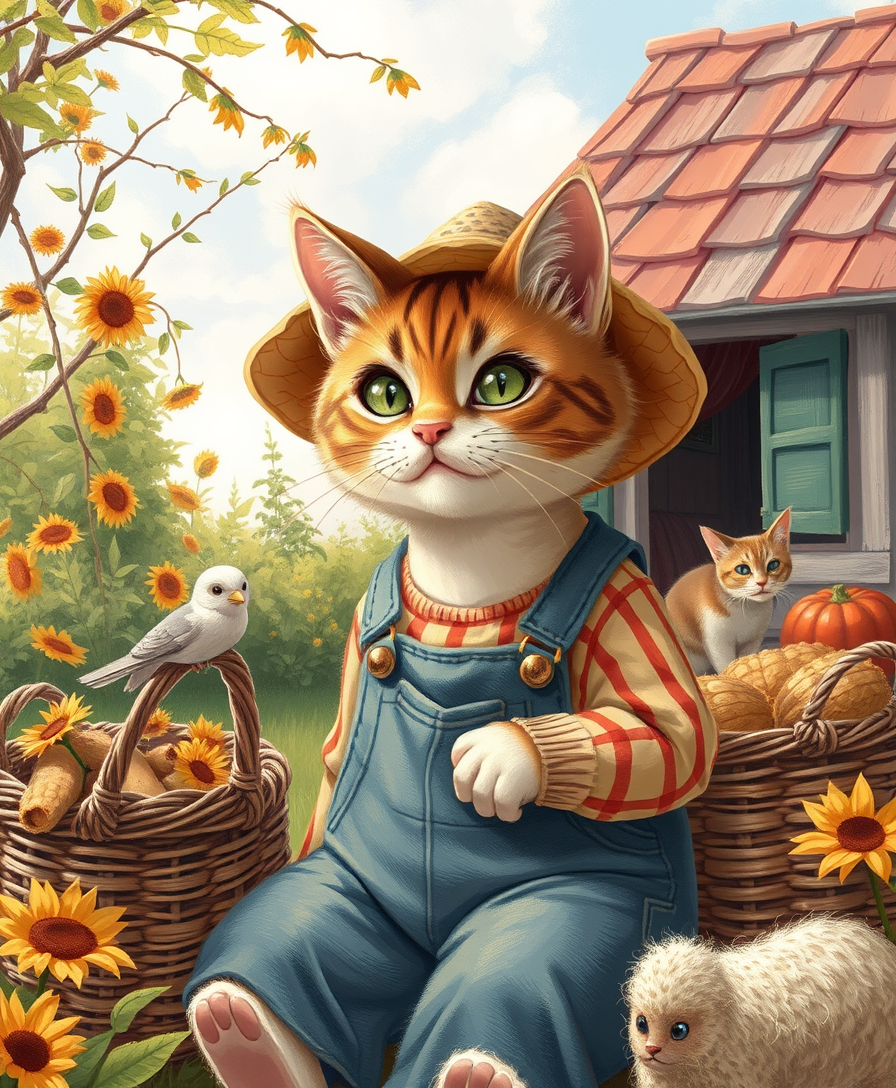 An anthropomorphic cute cat in farmer's clothes harvests at a summer cottage. - Image