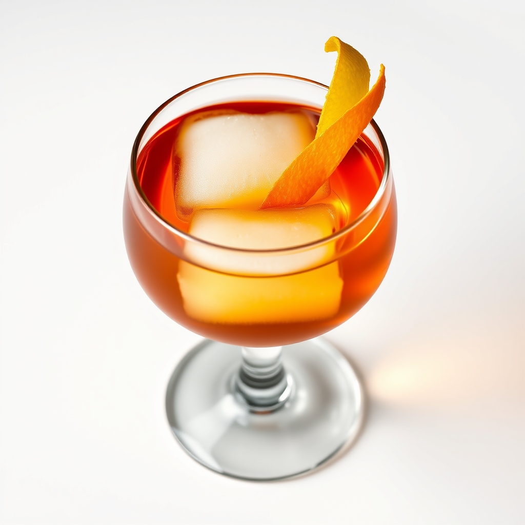 Luxurious whiskey cocktail with sugar cube and twisted citrus peel garnish, served in an elegant tulip-shaped glass on a crisp white background. - Image