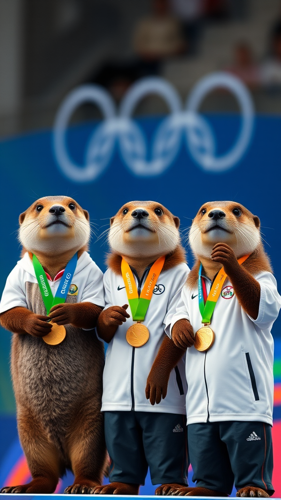 3 otters receive medals at the awards ceremony in the Olympics. - Image