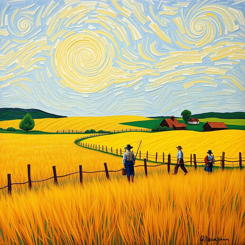 Van Gogh-style wheat field scene, peasants, fences, meadows, houses, brush strokes. - Image