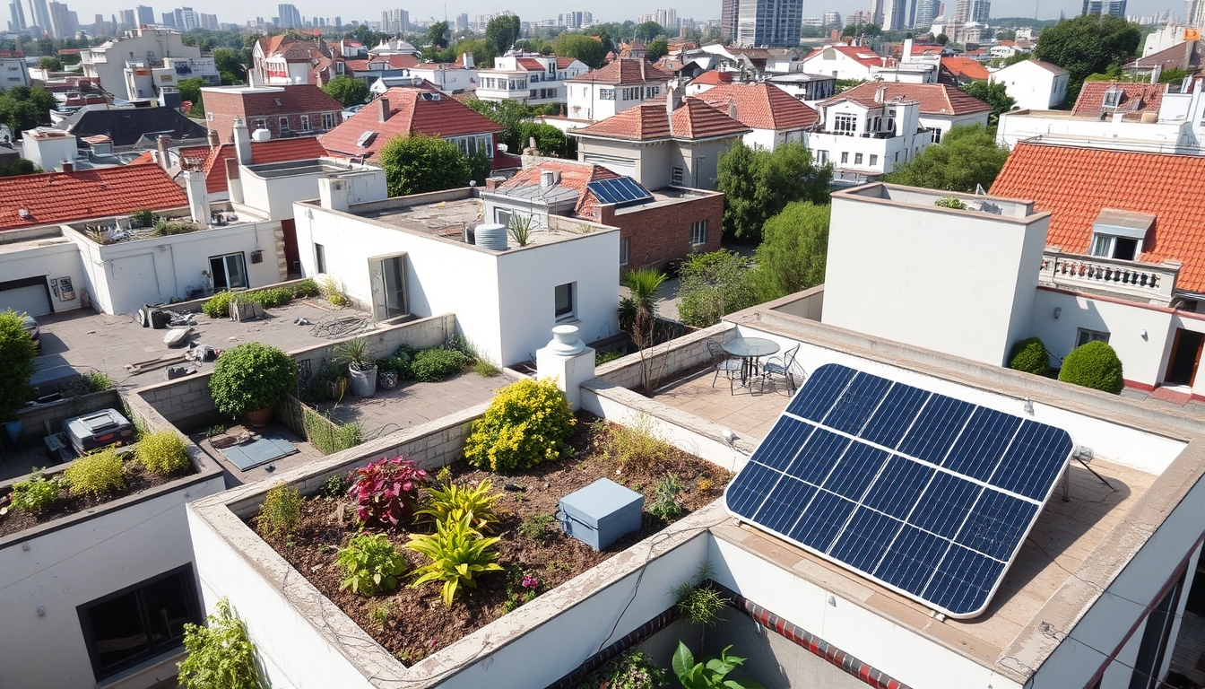 Urban rooftops with gardens and solar panels, showcasing sustainable living. - Image