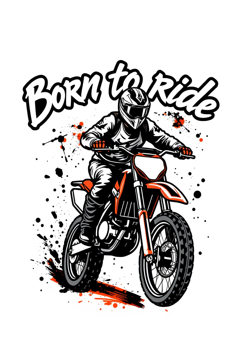 The professional design of a motocross-themed T-shirt in the style of street graffiti, featuring a motorcycle racer riding a motorcycle in full gear, is skillfully combined with the text "Born to ride". Vector design isolated on a white background. - Image