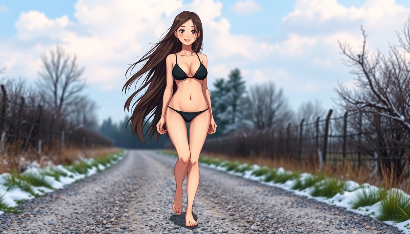 Anime style, a beautiful brunette girl with long hair wearing a black bikini walking on a gravel snowcapped country road, barefoot, smiling, model body type.