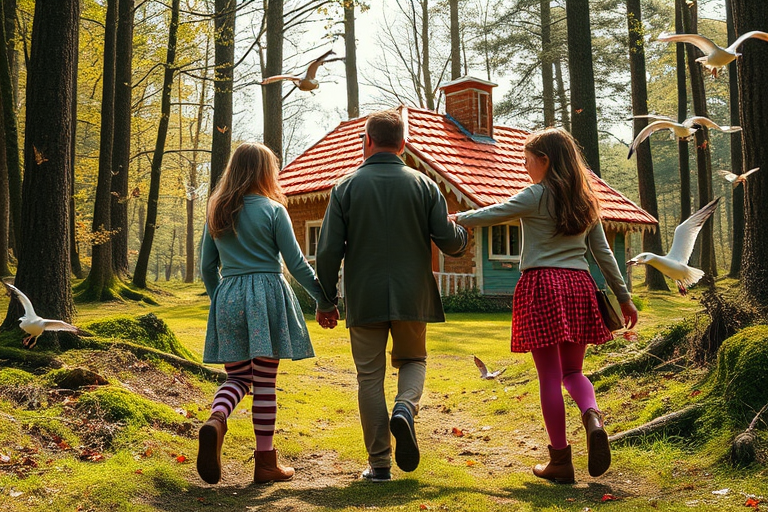 Three girls about ten years old in leggings, dragging a man to a gingerbread house in the forest. Photo from the back. Lots of butterflies and seagulls. - Image