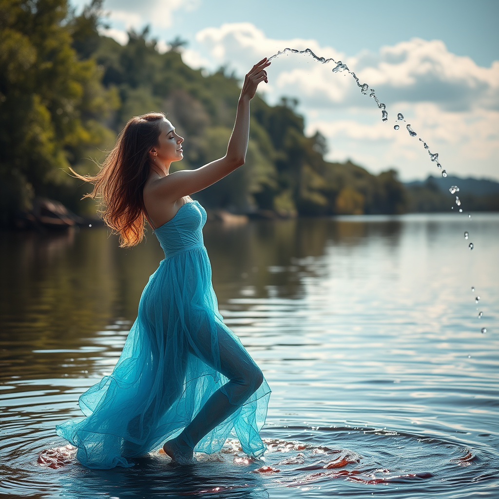 Riverside, dancing woman wearing a dress made of water, side view, full body view, strong light falls on her, water pours from the sky.