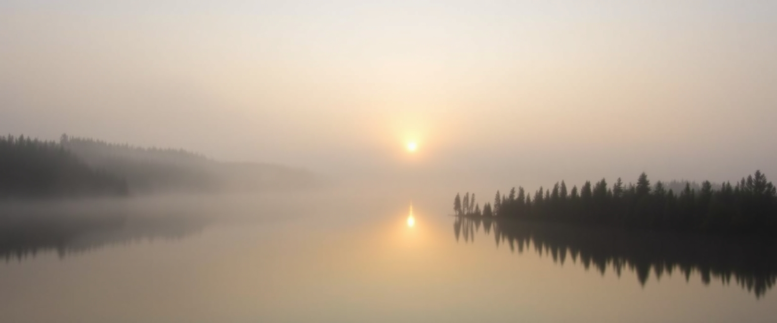 A tranquil lake reflecting a misty sunrise in a forest setting.