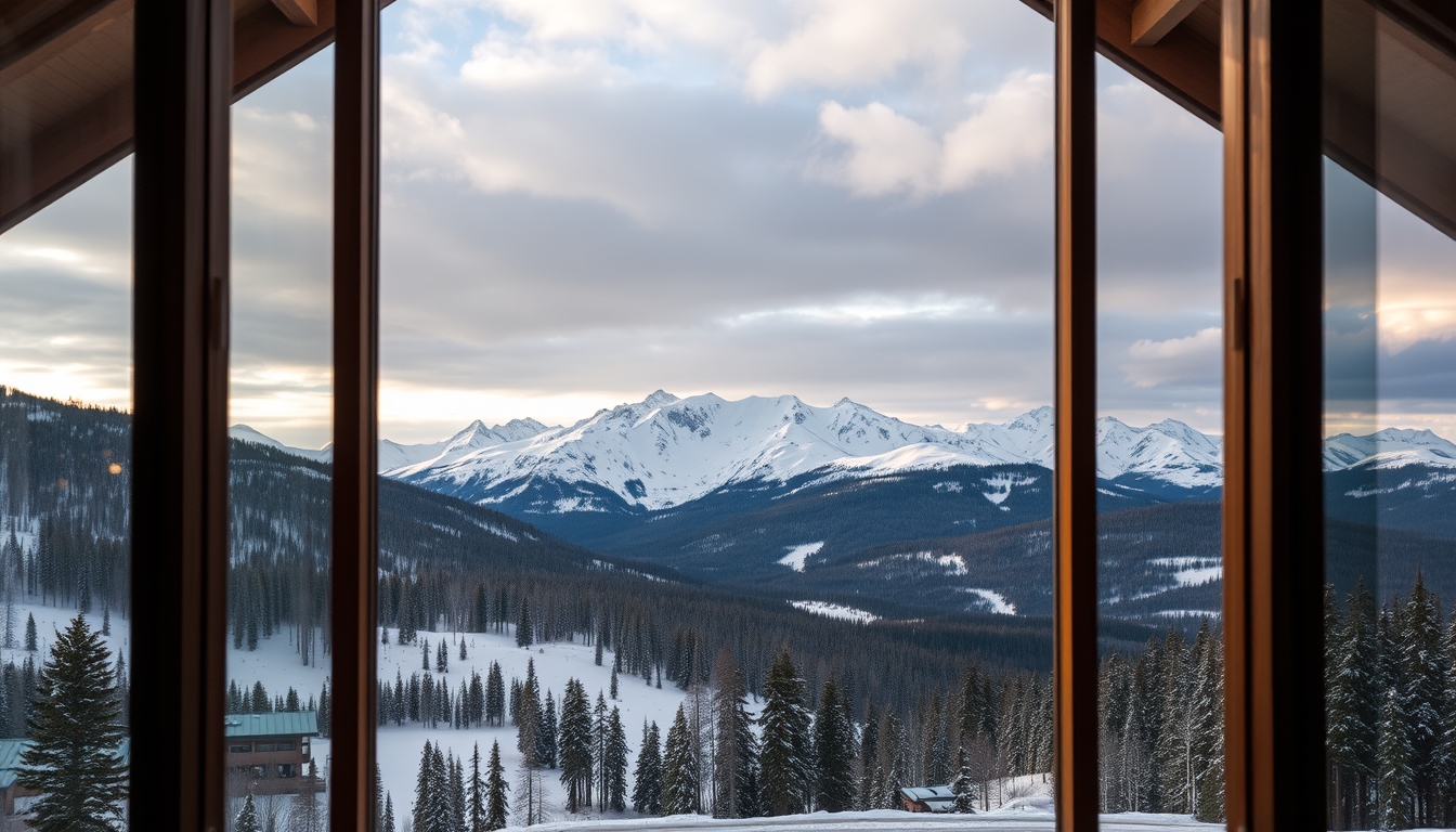 A dramatic mountain landscape viewed through the glass walls of a ski lodge.