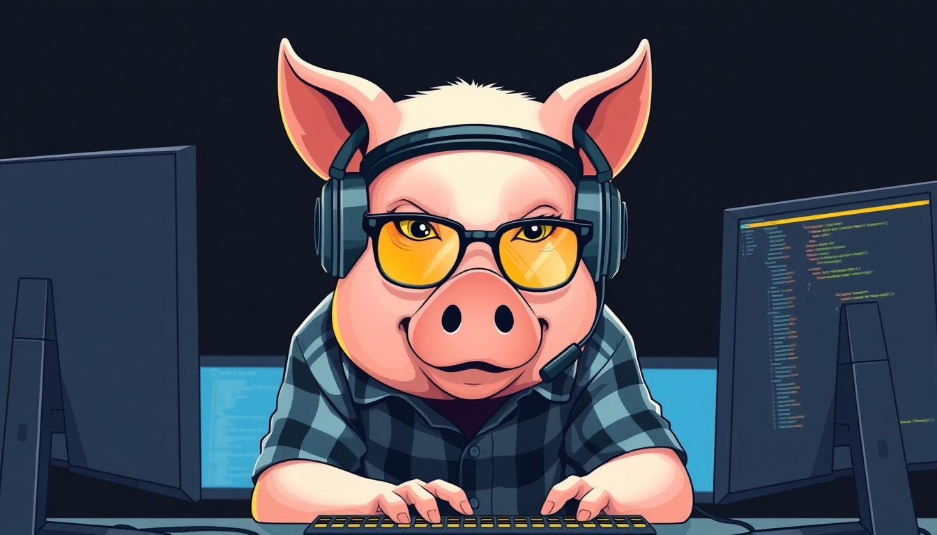 A tech-savvy pig coder, wearing yellow-tinted glasses and sleek noise-cancelling headphones, hunches over a cutting-edge multi-monitor setup. The anthropomorphic pig exudes focus, typing furiously. It is wearing a plaid t-shirt. - Image