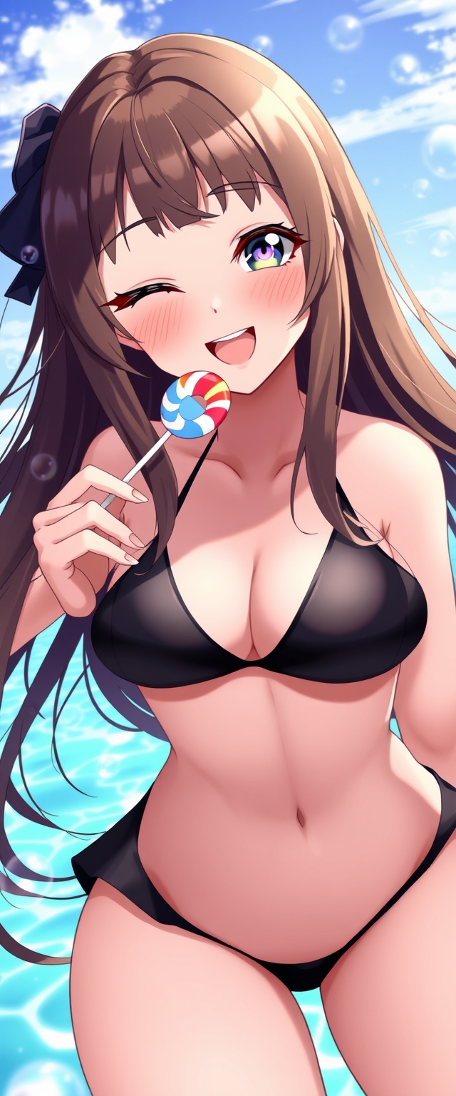 Anime style, a beautiful long-haired brunette Caucasian girl wearing a black bikini, smiling, winking, holding a lollipop, surrounded by bubbles.