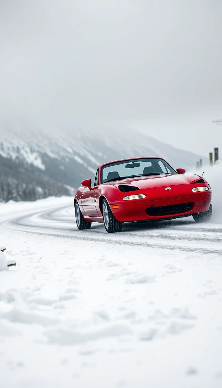 Create an image of a red 1991 Mazda MX-5 drifting on a snowy mountain road.