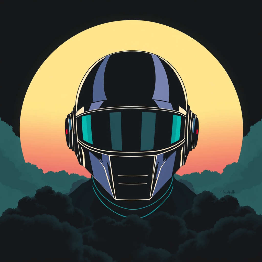 Daft Punk helmet in vector art style for a poster or T-shirt, featuring a large sun-like circle in the background, layered with dark grey clouds and an outrun color palette. The design includes black canvas, dark teal accents, and a sinister atmosphere, reminiscent of album art and CD cover artwork. - Image