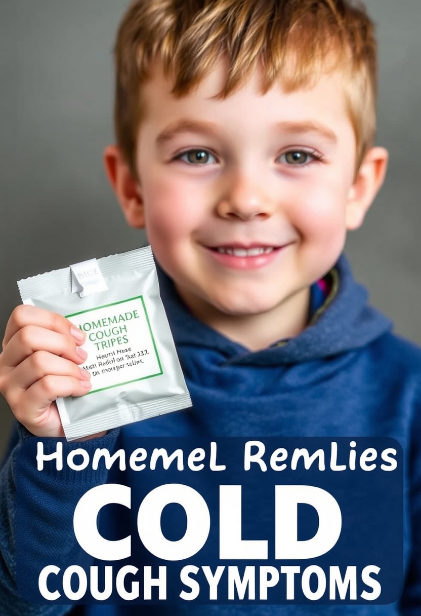 Boy with a tissue packaging homemade herbal cough drops emphasizing the creation of natural remedies for cold symptoms.