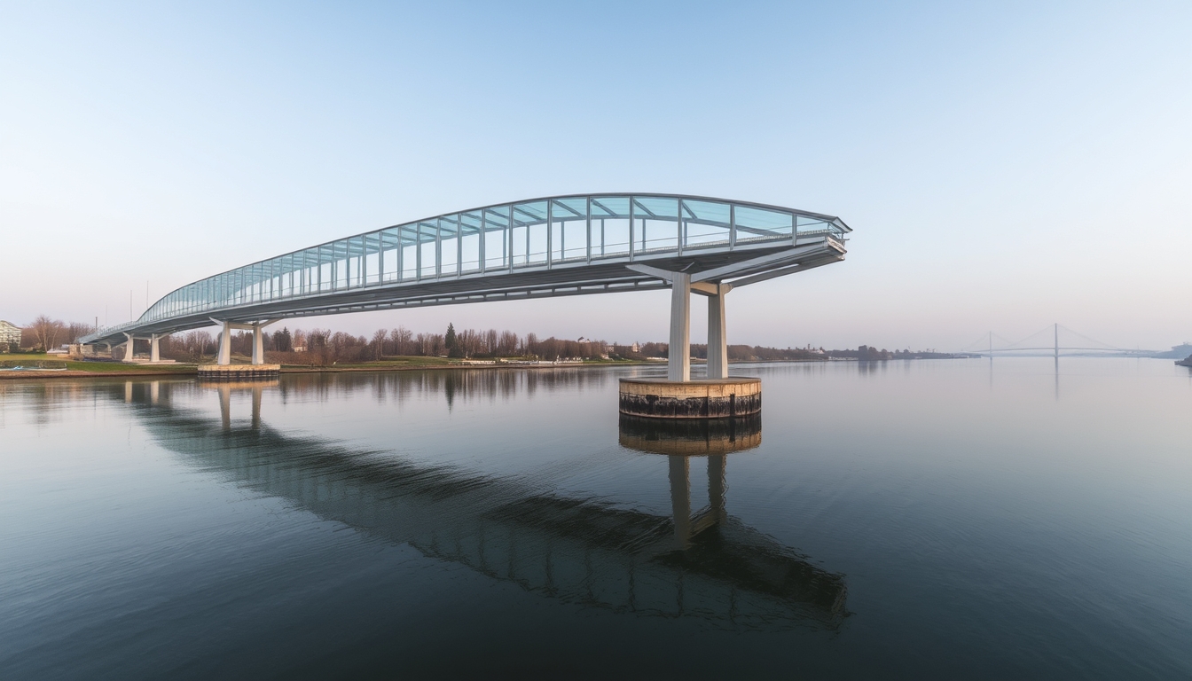 A serene river scene with a glass-bottomed bridge crossing over it.