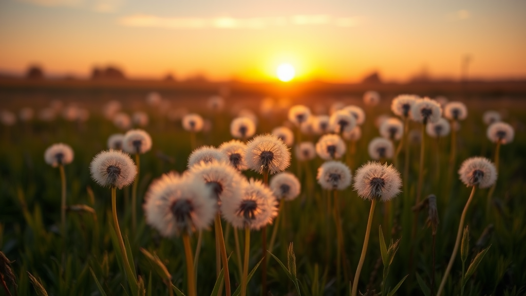 A field of dandelions in the sunset with the sun setting in the background, by Andrew Domachowski, art photography, dandelions, award winning nature photo, dandelion, the brilliant dawn on the meadow, weeds and grass, sunny meadow.