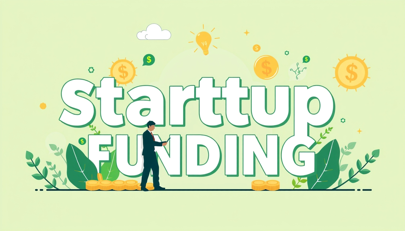 Startup funding illustration in green and gold with financial motifs. - Image