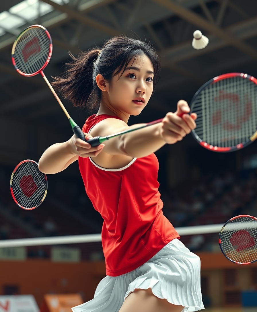 A detailed, realistic portrait of a young woman playing badminton in an indoor sports arena. The woman is wearing a bright red jersey and is mid-swing, her body in a dynamic, athletic pose as she focuses intently on the shuttlecock. The background is blurred, with glimpses of the court, net, and spectator stands visible. The lighting is natural and directional, creating shadows and highlights that accentuate the woman's features and muscular definition. The overall composition conveys a sense of energy, movement, and the intensity of the game. The image is highly detailed, with a photorealistic quality that captures the textures of the woman's clothing, skin, and the badminton equipment. A woman with a beautiful face like a Japanese idol, she is wearing a white pleated skirt. Badminton rackets and shuttlecocks with dynamic swings and motion blur depict the human body with a flawless personality.