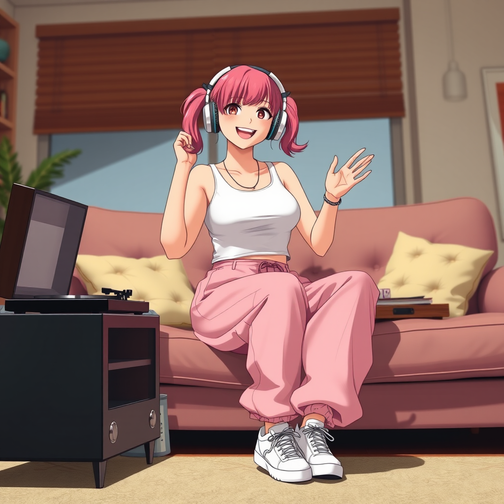 A happy, adult female influencer with a full figure, pink hair, pigtails, two arms and two legs, two feet, two hands, wearing retro headphones, a white sleeveless crop top, oversized baggy pink tracksuit pants, and sneakers, sitting on a couch in a living room listening to music played on an old-style record player. Photo-realistic anime style, highly detailed, wide-angle lens. Looking at the camera. - Image