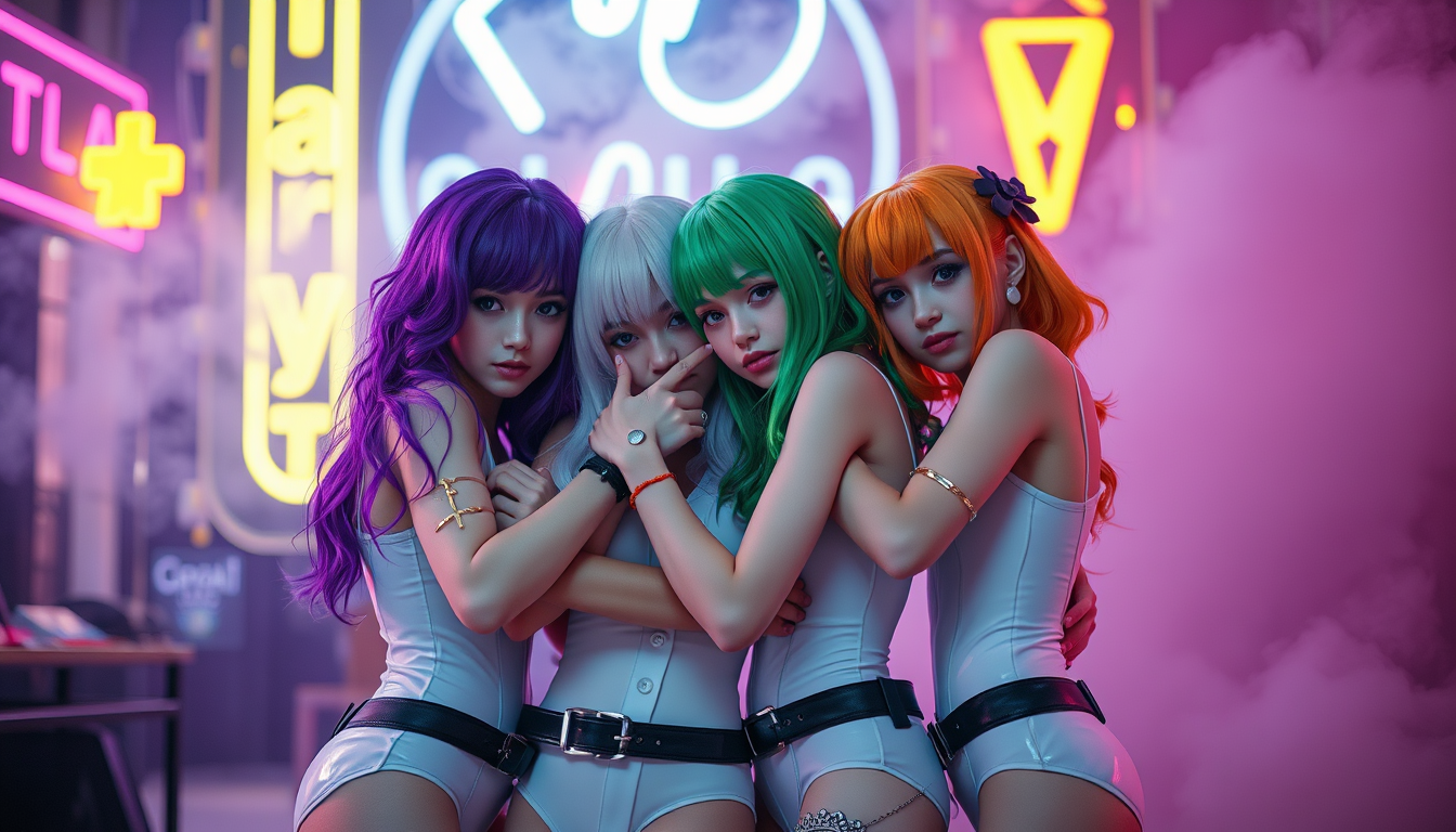 Photo of four girls, steampunk white bodysuit, a: purple hair b: white bangs hair c: green hair d: orange hair, hugging, neon sign lighting, defocused background, steam smoke. - Image